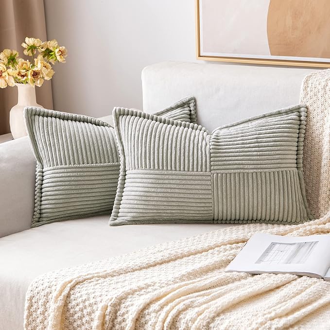 MIULEE Light Grey Corduroy Lumbar Pillow Covers 12x20 Inch 12x20 Inch with Splicing Set of 2 Soft Boho Pillow Covers Broadside Decorative Textured Pillowcases for Couch Bed Livingroom