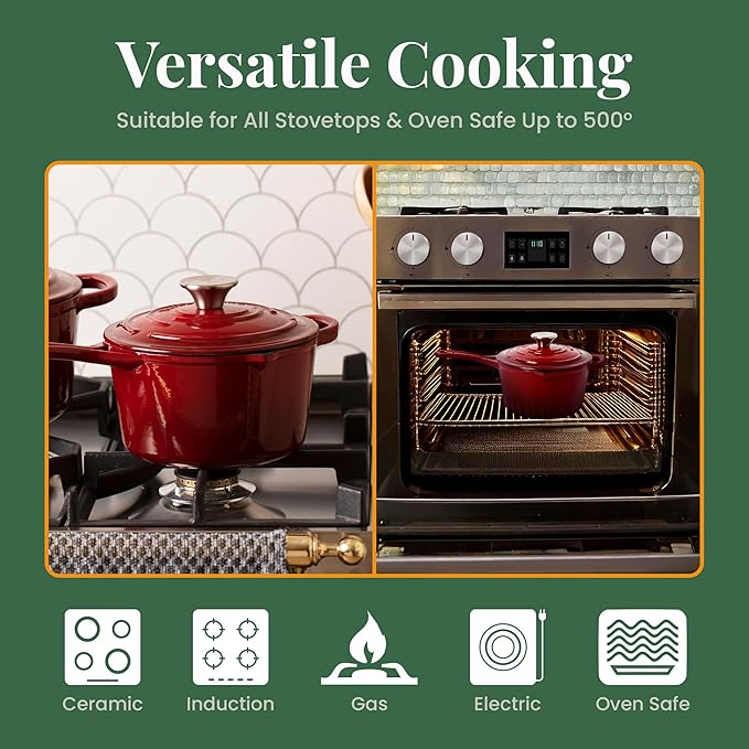 Larder & Vine Enameled Cast Iron Saucepan | 2.2 qt Sauce Pan with Lid | Saucepan with Pour Spouts | Enameled Cast Iron Pot Compatible on All Cooktops & Oven Safe to 500° F | Cabernet