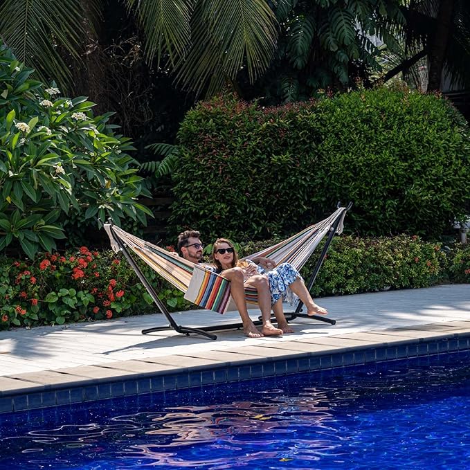 Lazy Daze Hammocks Double Hammock with 9ft Space-Saving Steel Stand Includes Portable Carrying Case, 450 Pounds Capacity (Tan Stripe)