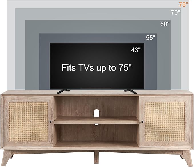 T4TREAM Rattan TV Stand for 75 Inch TV - Mid Century Modern Entertainment Center for Living Room, Large Boho Media TV Console with Storage Shelves, Oak