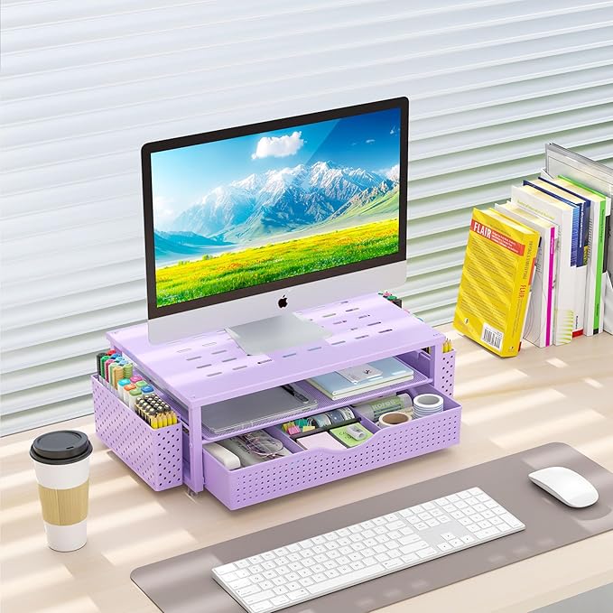 gianotter Desk Organizers and Accessories, Monitor Stand with Drawer and 2 Pen Holder, Purple Desk Accessories, Computer Stand Suitable for Offices and Dormitories (Purple)