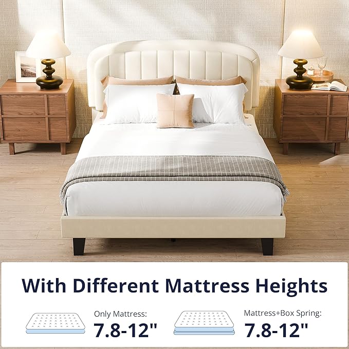 Cozy Castle Full Size Bed Frame, Upholstered Platform Bed with Velvet Adjustable Curved Headboard, Mattress Foundation with Strong Wooden Slats, No Box Spring Needed, Easy Assembly, Cream