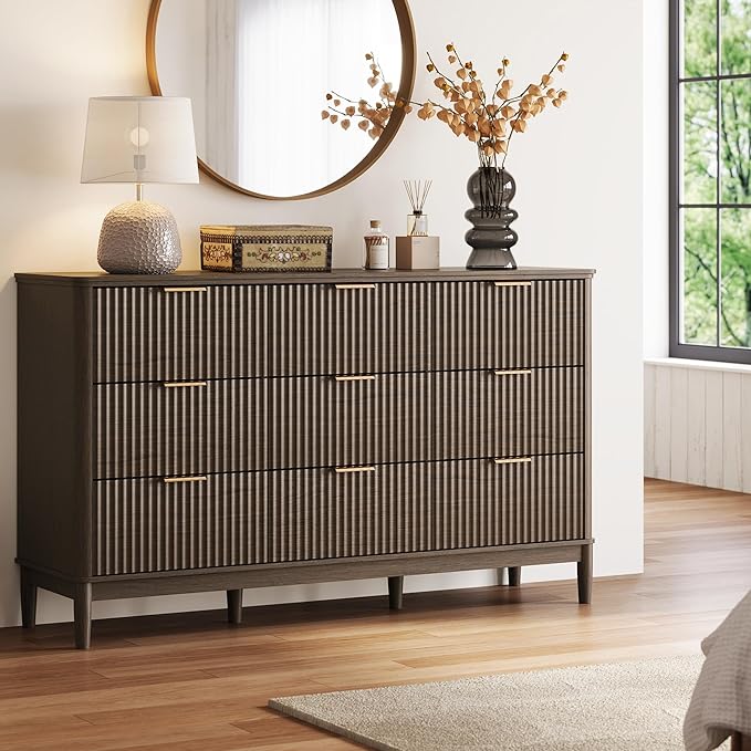 LINSY HOME Fluted Dresser for Bedroom with 9 Drawers, 58" Wide Chest of Drawers, Mid Century Modern Dresser TV Stand with Metal Handle, Wood Closet Storage Cabinet for Living Room, Hallway, Walnut