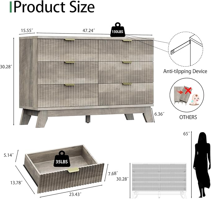 Fluted Dresser for Bedroom with 6 Drawers, 48" Wide Modern Chest of Drawers with Metal Handle, Wooden Dresser TV Stand, Wood Closet Clothes Storage Organizer for Living Room, Hallway, Grey