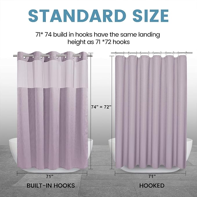 Lavender No Hook Shower Curtain with Snap in Liner,230GSM Waffle Weave Shower Curtains for Bathroom,71W x 74H