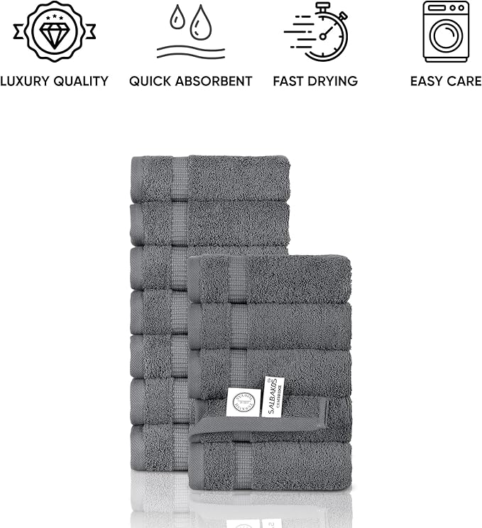 SALBAKOS 100% Turkish Cotton Washcloth Set of 12 13x13 inch | Heirloom Quality | Hotel & Spa Collection | Ultra Soft, Super Absorbent, Washcloth Towels | Made in Turkey (Gray, 12 Washcloths)