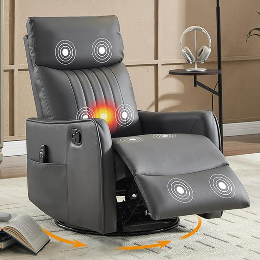 Manual Swivel Rocker Recliner Chair for Adults, Overstuffed Recliner Glider with Massage and Heat, Living Room Reclining Chair, PU Leather Gray