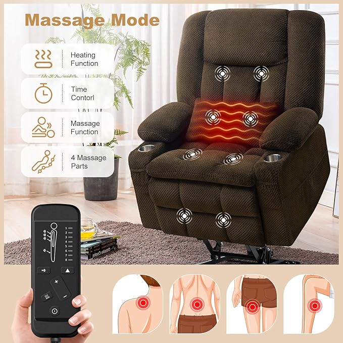 Large Dual Motor Power Lift Recliner Chair with Massage and Heat for Big Elderly People,USB & Type C Ports,Oversized Electric Lay Flat Recliners,Infinite Position,Side Pockets,Cup Holders(Brown)