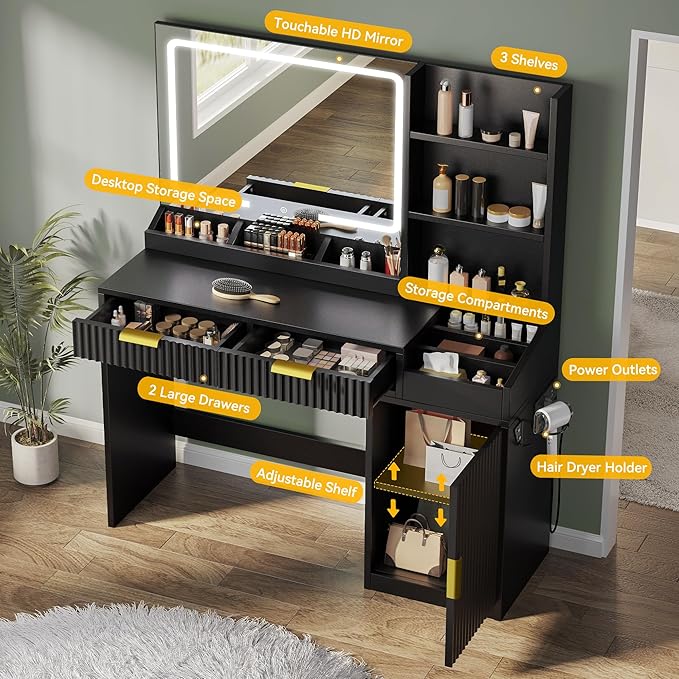 DWVO Fluted Makeup Vanity Desk with Large 27" Mirror and Lights, Modern Big Makeup Table with Power Outlet, 11 Shelves & 2 Drawers, 3 Color Lighting Modes, Dressing Table Vanity Set for Bedroom, Black