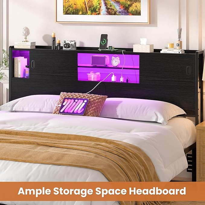 Homieasy Headboard for King Size Bed with Storage, Sturdy Bookcase Headboards with Outlet, USB & LED Light, King Size Headboard Only, Head Board with Sliding Doors & Bed Adapter for Bedroom, Black