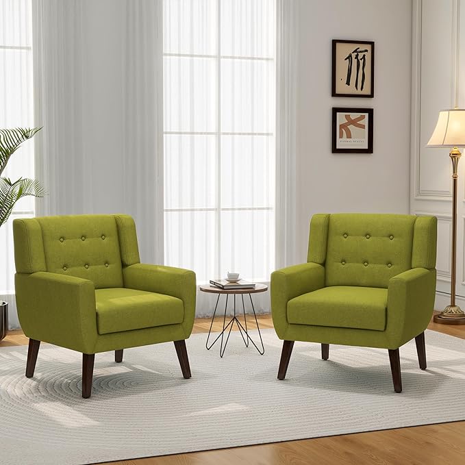 Accent Chair, Mid-Century Modern Fabric Chairs with Arms for Living Room, Comfy Upholstered Club Single Sofa Armchair for Bedroom Waiting Room with Solid Wood Frame (Fabric Green, Set of 2)