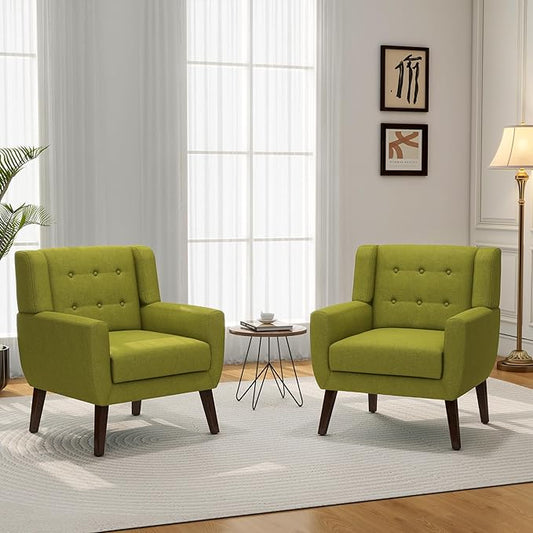 Accent Chair, Mid-Century Modern Fabric Chairs with Arms for Living Room, Comfy Upholstered Club Single Sofa Armchair for Bedroom Waiting Room with Solid Wood Frame (Fabric Green, Set of 2)