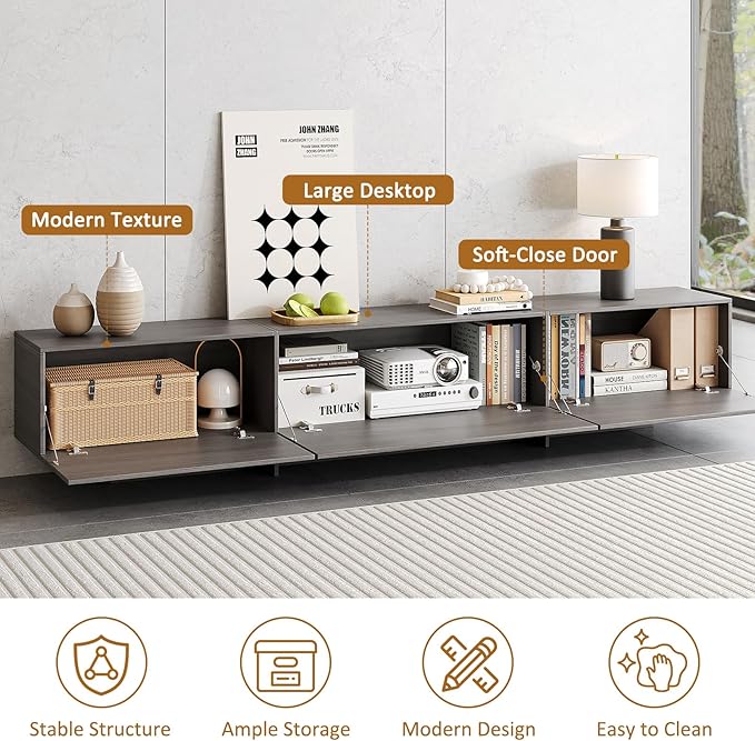 76.4'' Modern TV Stand for Living Room, Mid Century Modern TV Console，Entertainment Center with 4 Drawers, Large Storage Cabinet Table, Media Cabinet for Living Room, Bedroom, Grey