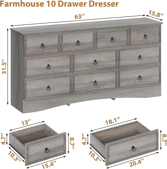 63”W Dressers for Bedroom, Grey Dresser with 10 Deep Drawer, Long Dressers & Chests of Drawers for Clothes, Easy Pulls Handle, Textured Borders, for Living Room, Hallway,Taupe Grey