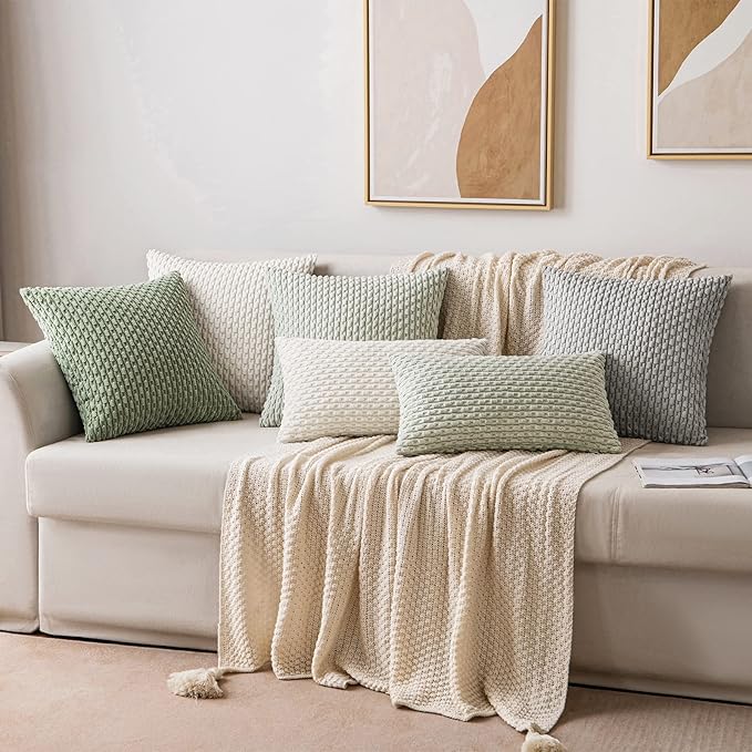 MIULEE Throw Pillow Covers Soft Corduroy Decorative Set of 2 Boho Striped Pillow Covers Pillowcases Farmhouse Home Decor for Couch Bed Sofa Living Room Spring 12x20 Inch Light Green