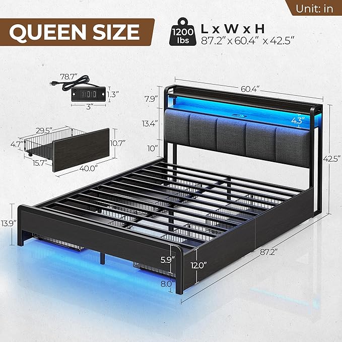 Rolanstar Bed Frame Queen Size with Charging Station and LED Lights, Upholstered Storage Headboard with Drawers, Heavy Duty Metal Slats, No Box Spring Needed, Noise Free, Easy Assembly, Dark Grey