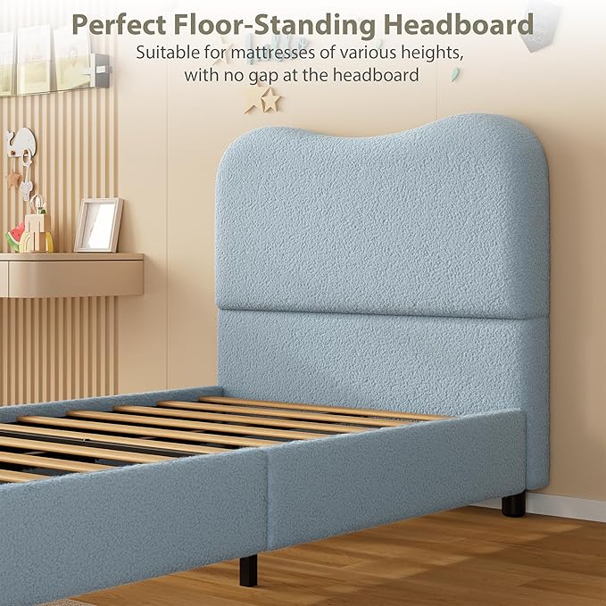 Twin Bed Frame for Kids with Velvet Upholstered Headboard, Cute Low Profile Platform Bed for Girls and Boys, No Box Spring Needed, Strong Wooden Slats, Noise Free, Easy Assembly, Blue