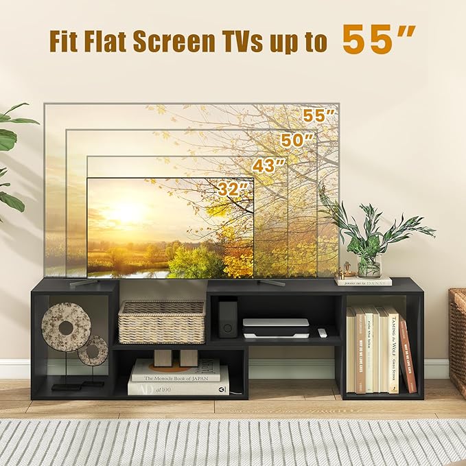 GOFLAME 2 Pieces TV Stand, Modern Entertainment Center for TVs up to 55 Inches, Free Combination Bookcase for Storage & Display, TV Console Table for Living Room, Bedroom, Black