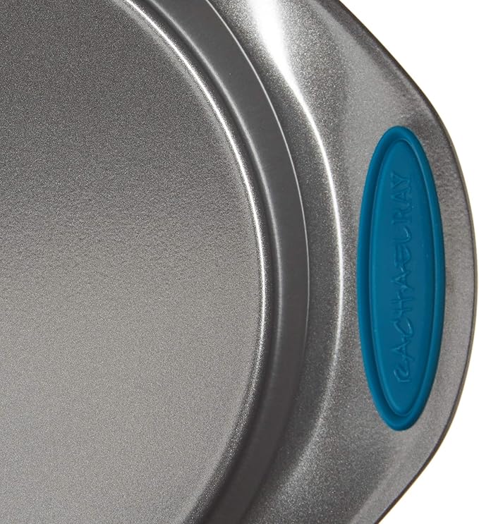 Rachael Ray Nonstick Bakeware Set with Grips includes Nonstick Baking Pans, Baking Sheet and Nonstick Bread Pan - 5 Piece, Gray with Marine Blue Handles