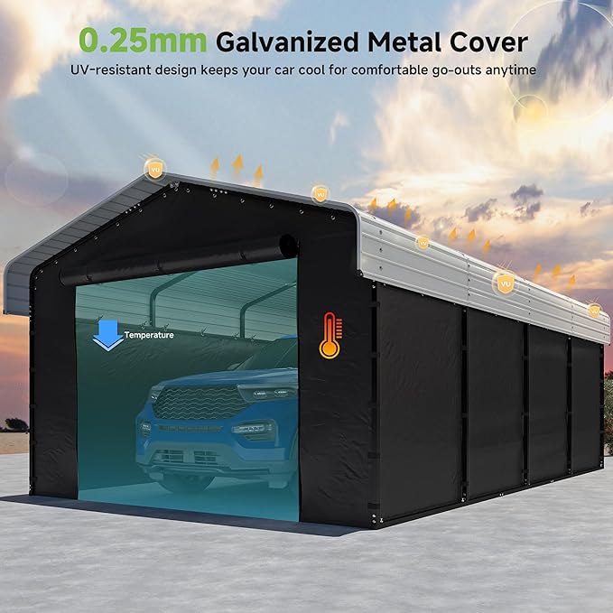 Real Relax 12x20ft Metal Carport, Heavy Duty Metal Carport Canopy Galvanized Steel Roof with Removable PE Sidewalls, Outdoor Car Shelter for Car, Boats and Truck, Cream White