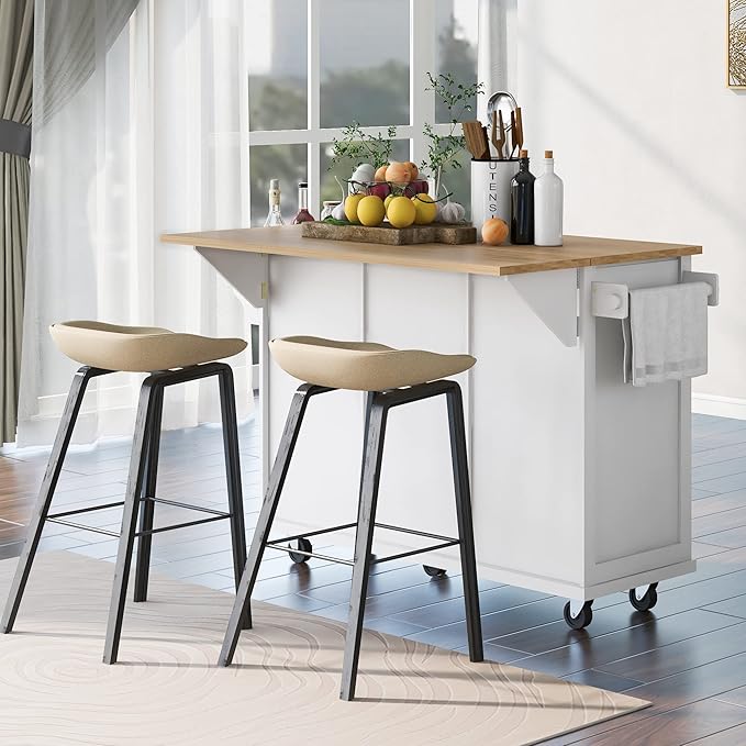 Kitchen Island Cart with Drop-Leaf Cabinet Door Internal Storage Rack 5 Wheels 3 Drawers for Kitchen, Dining Room, Bathroom 53.1" W*29.5" D*37.2" H White