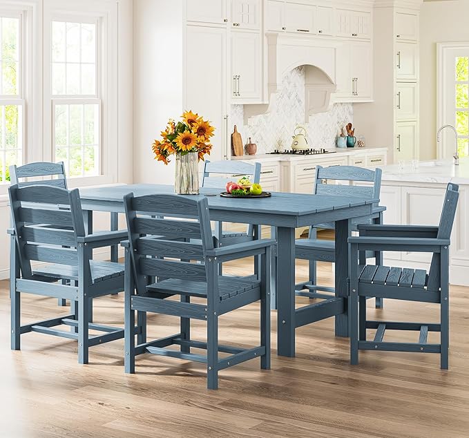 SERWALL 7-Piece Patio Dining Table Sets, Outdoor HDPE Dining Furniture Set with Umbrella Hole Cut-Out Table and 6 Chairs, Blue