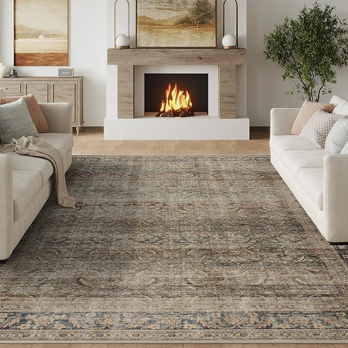 FMFUNCTEX 6x9 Washable Area Rug Brown Vintage Neutral Distressed Large Non Slip Carpet for Living Room Bedroom Soft Low Pile Indoor Mat Retro Throw Rug for Dining Room Kitchen Office Nursery, Multi