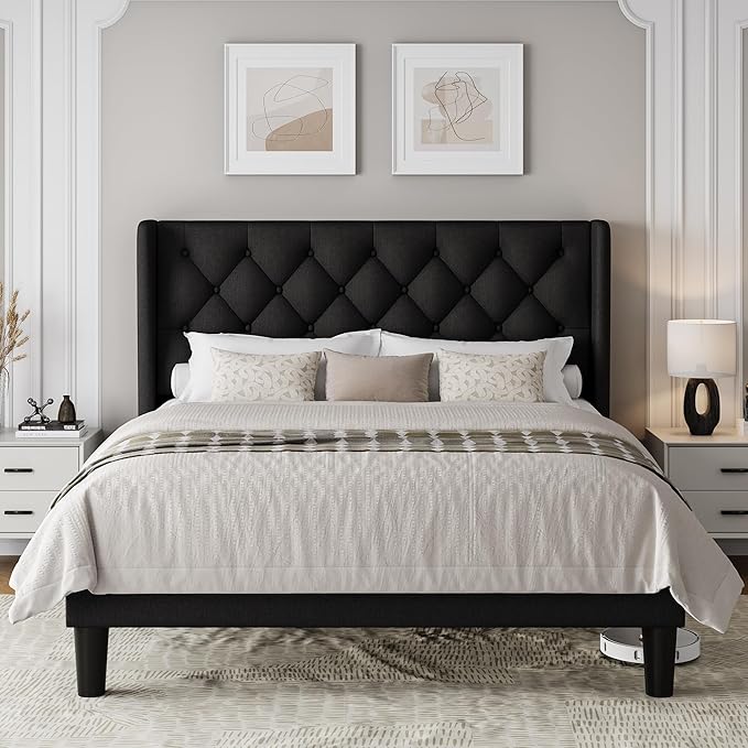 Queen Size Upholstered Bed Frame with Wingback Headboard, Fabric Linen Platform Bed, 8" Under Bed Storage, Wooden and Metal Slats Support, No Box Spring Needed, Black
