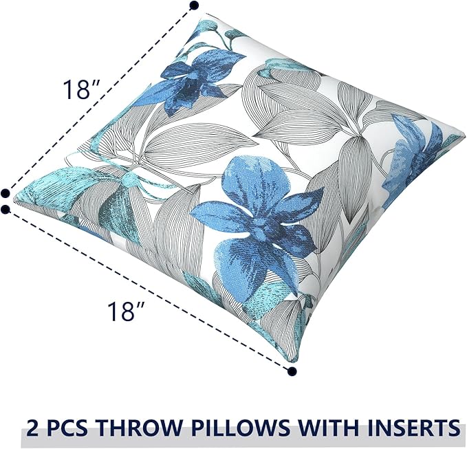 Outdoor Pillows for Patio Furniture 18x18 inch, Square Outdoor Throw Pillows with Inserts, Decorative Toss Pillows for Garden Couch Home Sofa Office Chair, Pack of 2, Clemens Noir Blue