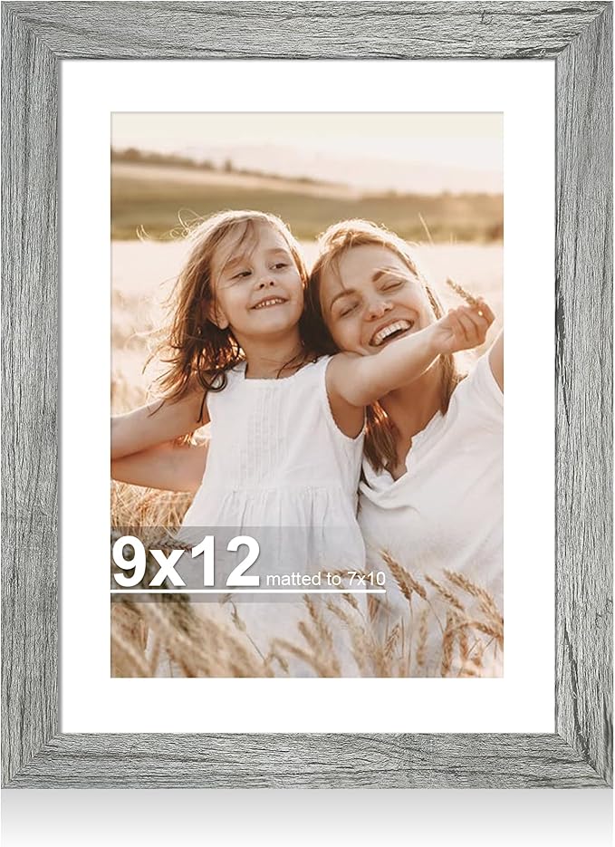 9x12 Picture Frame with Glass, Display Pictures 7x10 with Mat or 9 x 12 without Mat - Wall and Tabletop, 9 by 12 Photo Wooden Frames (Grey, 1 Pack)
