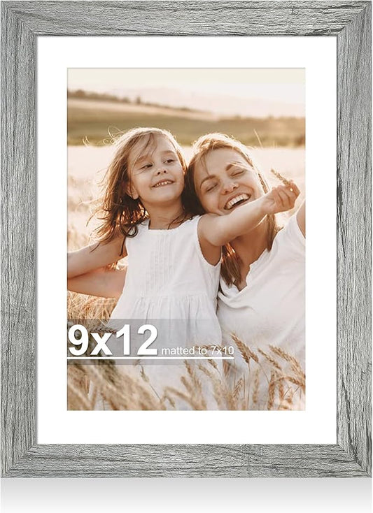 9x12 Picture Frame with Glass, Display Pictures 7x10 with Mat or 9 x 12 without Mat - Wall and Tabletop, 9 by 12 Photo Wooden Frames (Grey, 1 Pack)