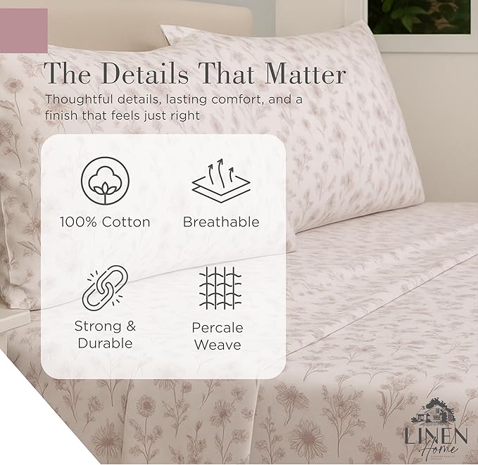 Linen Home 100% Cotton Printed Percale Sheets King Size, Deep Pocket, 4 Pieces Set - 1 Flat, 1 Deep Pocket Fitted Sheet and 2 Pillowcases, Crisp Cool and Strong Bed Linen, Mauve Botanical Floral