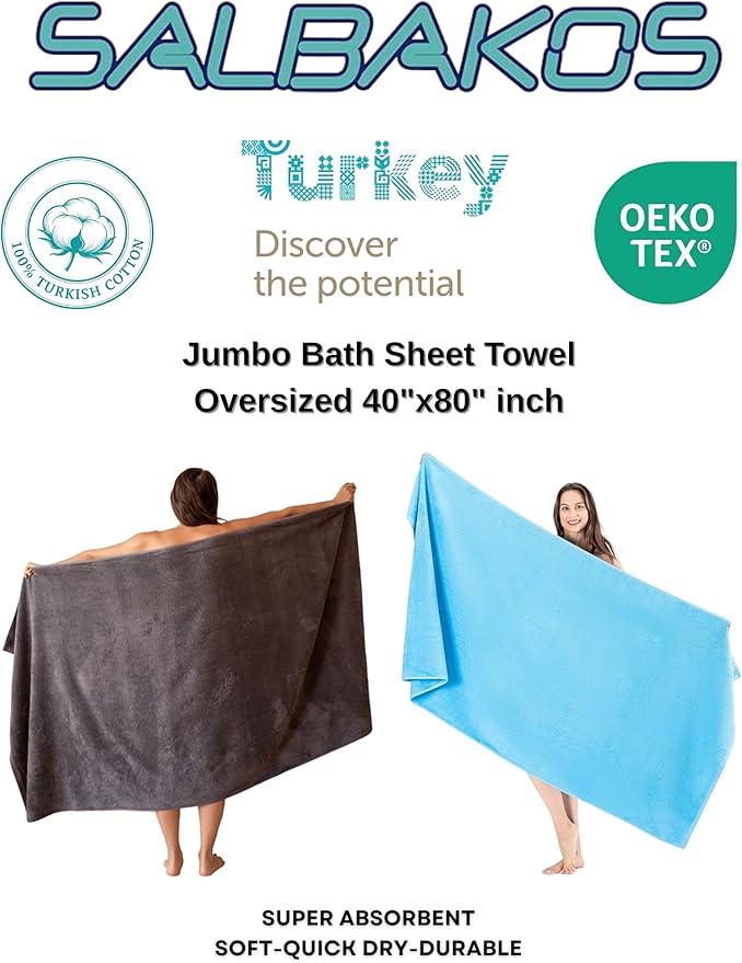 SALBAKOS 100% Turkish Cotton Jumbo Bath Sheet Towel Oversized 40x80 inch | Premium Hotel & Spa Quality, Soft, Absorbent, XL Bath Towels | Made in Turkey (Pack of 1, White)