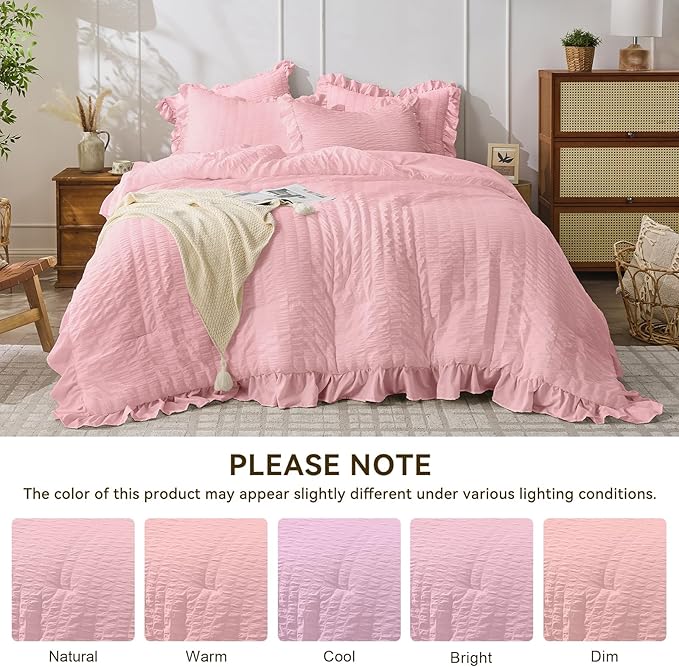JOLLYVOGUE Pink Seersucker Queen Comforter Set, 3 Pieces Bed in a Bag Comforter Set, Lightweight & Fluffy Bedding Sets Queen for All Season with 1 Ruffle Comforter and 2 Ruffle Pillowshams