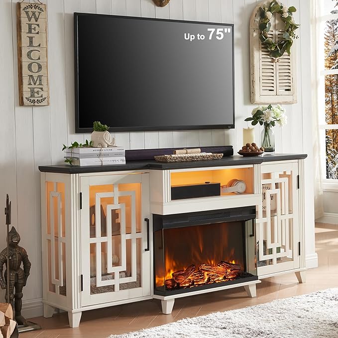 JXQTLINGMU Fireplace TV Stand for 75" TV, 32" Tall Farmhouse Entertainment Center with 26'' Electric Fireplace & LED Light, Rustic Media Console with 2 Large Storage Cabinets for Living Room, White