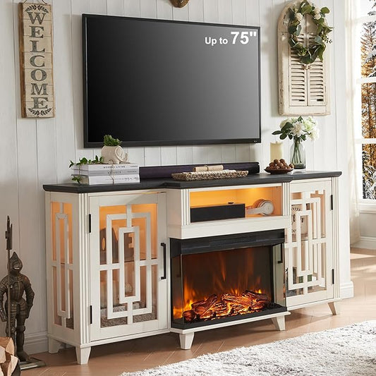 JXQTLINGMU Fireplace TV Stand for 75" TV, 32" Tall Farmhouse Entertainment Center with 26'' Electric Fireplace & LED Light, Rustic Media Console with 2 Large Storage Cabinets for Living Room, White