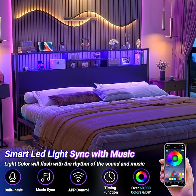 Aheaplus Headboard for King Size Bed with Storage, Headboards with Outlets, USB Ports and LED Light, King Size Head Board Only, Height Adjustable, Reversible, Sturdy and Stable Headboard, Black