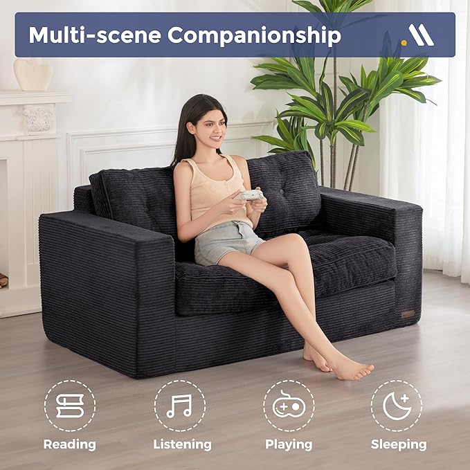 MAXYOYO Bean Bag Chair for Adults, Upholstered Floor Sofa with Armrests, Loveseat Boneless Couch with Tufted Cushion & Backrest, Sofa in A Box, Large Bean Bag Couch for Bedroom Living Room, Black