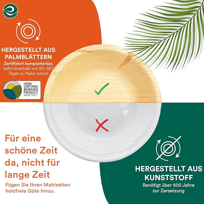 ECO SOUL 100% Compostable, Biodegradable, Disposable Palm Leaf Bowls,| pack of 100, Large 6 inch (16 Oz) | Round| Like Bamboo Bowls, Eco-friendly | Sturdy, Microwave & Oven Safe