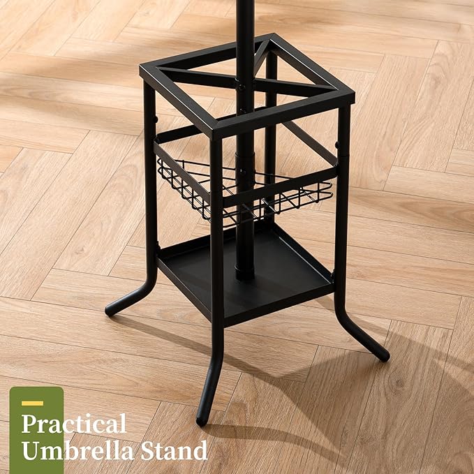 Yoobure Coat Rack Freestanding - Coat Tree with Umbrella Holder, Metal Coat Rack Stand with 12 Hooks, Modern Coat Hanger Stand for Entryway, Purse Rack Hat Rack Stand for Living Room Bedroom Office