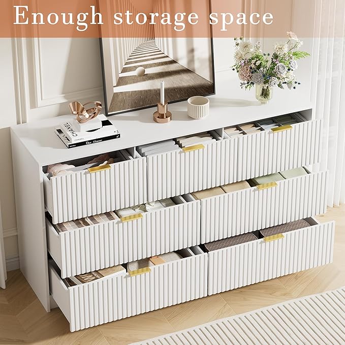 White Dresser for Bedroom, Modern Dresser with 7 Drawers and Smooth Slides, Wide Chest of Drawers with Golden Handles for Bedroom, Living Room, Closet, 15.7" D x 55.1" W x 31.4" H