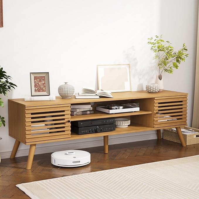 61" Mid Century Modern TV Stand for 50/55/60/70 inch TV, TV Media Console with Slatted Doors for TVs up to 70", Entertainment Center with Storage for Living Room, Bedroom, Oak