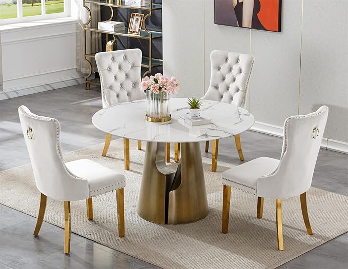 5-Piece Faux Marble Round Dining Table Set for 4, Modern Luxury Kitchen Table Set for 4 with Beige Tufted Chairs,Circle Dining Tables with White Marble Grain Top and Bronze Pedestal Base