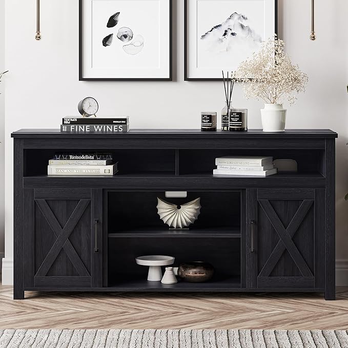 BELLEZE 58 Inch TV Stand, Contemporary Entertainment Center for TVs up to 65", Wood Media Console Table with Two Open Shelves and Barn Door Cabinets - Corin (Rustic Grey)