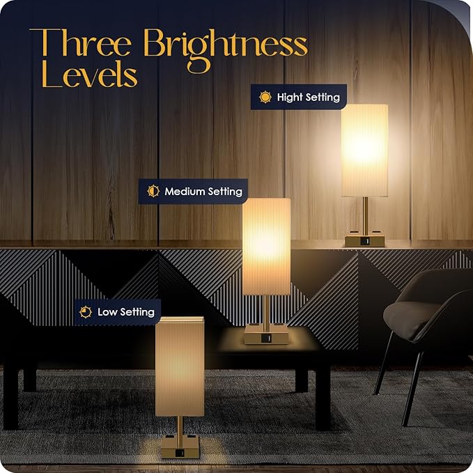 Bedside Lamp with USB Ports - Touch Control Table Lamp for Bedroom with USB C+A Ports & AC Outlets, 3 Way Dimmable Nightstand Light with Pleated Shade for Living Room(Bulb Included)
