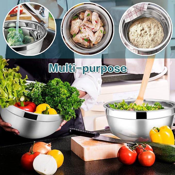 E-far Stainless Steel Mixing Bowls with Lids, 7-Piece Metal Nesting Bowls with Blue Airtight Lids for Saving Storage Space, Size 7, 4.6, 3, 2, 1.5, 1, 0.7QT, Great for Baking/Cooking/Prepping