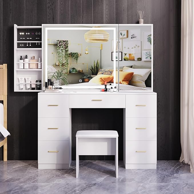 Makeup Vanity with Sliding Storage Wall-Mounted Jewelry,Mirror Cabinet,White Vanity Desk with Extra Large Mirror and Lights,7 Drawers Dressing Table with Vanity Stool&Storage Bench,for Bedroom