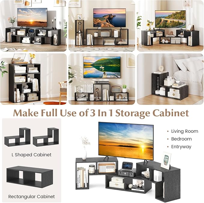 GOFLAME 3 Pieces TV Console Stand, Modern Entertainment Center for 50 55 60 65 Inch Flat Screen TV, Free Combination Bookcase for Storage & Display, Suitable for Living Room (Black Wood Grain)