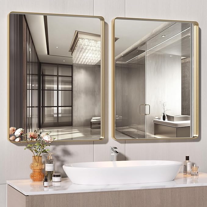 Hasipu 2 PCS Bathroom Mirror for Wall, 36 x 28 Inch Gold Metal Framed Bathroom Mirrors for Over Sink, Rectangle Bathroom Vanity Mirror, Anti-Rust, Tempered Glass, Horizontal or Vertical