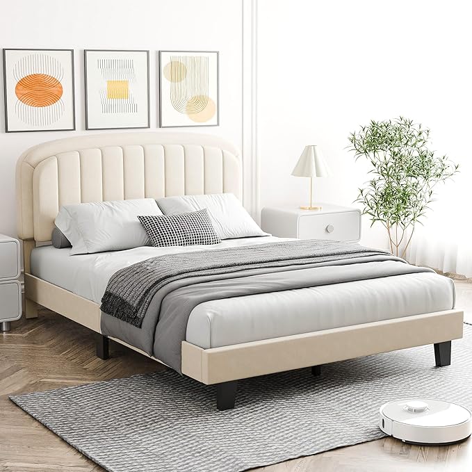 Cozy Castle Full Size Bed Frame, Upholstered Platform Bed with Velvet Adjustable Curved Headboard, Mattress Foundation with Strong Wooden Slats, No Box Spring Needed, Easy Assembly, Cream